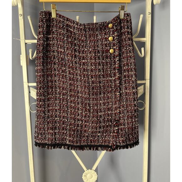 TALBOTS Red Tweed Fringe Lined Button Pencil Skirt Plaid Size 6P Office Party - Picture 1 of 9